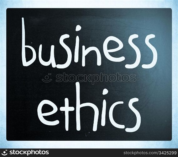 ""Business Ethics" handwritten with white chalk on a blackboard"
