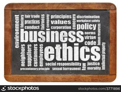 business ethics word cloud on a vintage blackboard