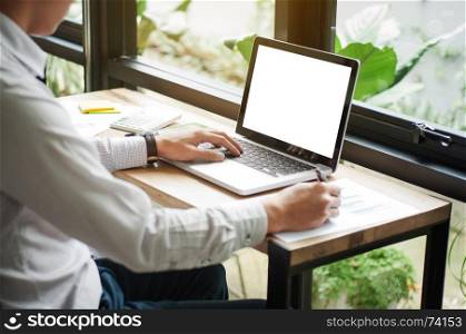 business executive using laptop with blank screen copy space at cafe