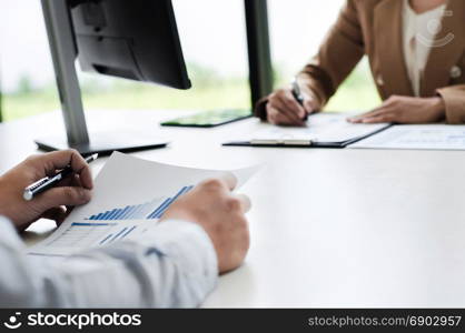 Business executives analysis data document with accountant at workplace