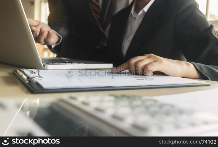 Business executives analysis data document with accountant at workplace