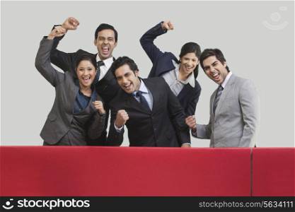 Business executives cheering during cricket match