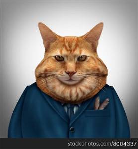 Business fat cat character as a feline tycoon businessman character as a symbol for a wealthy boss or a greedy and selfish magnate owner.