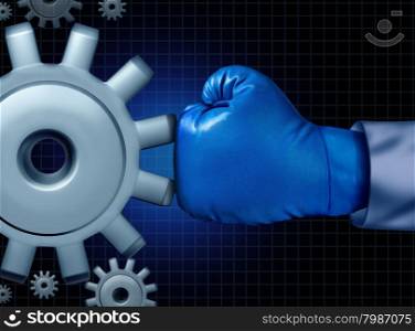 Business fight conflict concept with a blue boxing glove confronting and challenging a giant mechanical gear as a concept for financial competition and career battle to conquer and be successful against adversity.