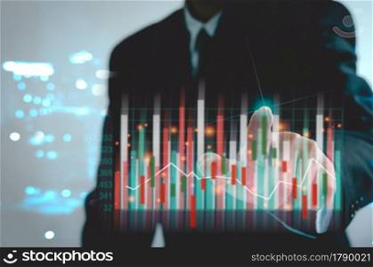business finance and investment stock market chart and growth. Businessman showing a growing virtual hologram stock