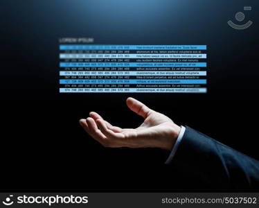 business, finance and people concept - close up of businessman hand with stock market chart over dark background. close up of businessman hand