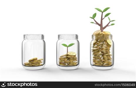 Business Finance Investment Growth and saving money concept in clear Bottles on isolated White Background, 3D illustration.