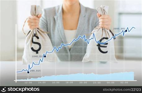 business, finance, saving, banking and people concept - close up of woman hands holding dollar and euro money bags with growing chart