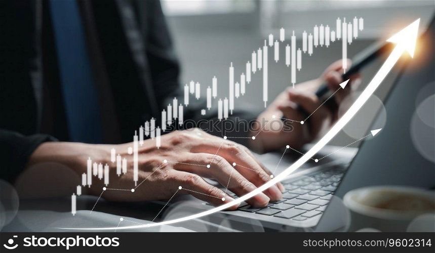Business finance technology and investment concept with background of financial data chart analysis. Bank, stock market, and crypto trading on laptop screen indicate the global economy&rsquo;s growth rate