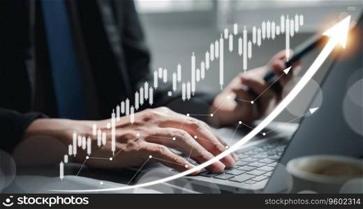 Business finance technology and investment concept with background of financial data chart analysis. Bank, stock market, and crypto trading on laptop screen indicate the global economy&rsquo;s growth rate