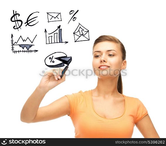 business, finances and economics - businesswoman drawing financial signs in the air