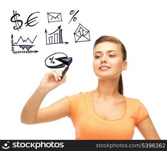 business, finances and economics - businesswoman drawing financial signs in the air