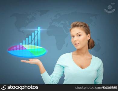business, finances and economics - businesswoman with virtual charts and graphs