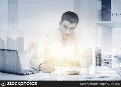 business, finances and people concept - stressed businessman with laptop computer and calculator at office over city background and double exposure effect. stressed businessman with laptop at office