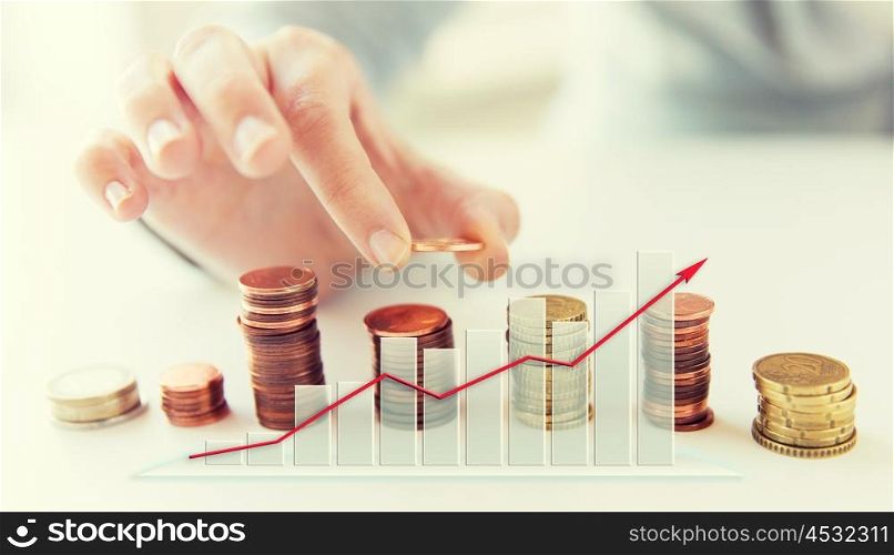 business, finances, people and money saving concept - close up of female hand putting euro coins into columns and growing chart