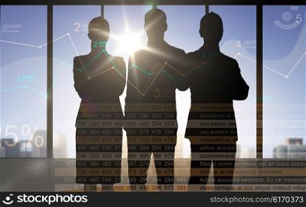 business, finances, statistics, economics and people concept - business people silhouettes over double exposure office background with charts and numbers