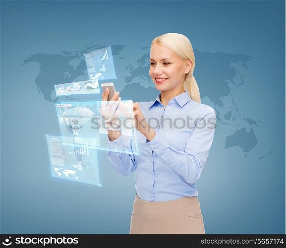 business, future and technology concept - young businesswoman working with smartphone and virtual screen