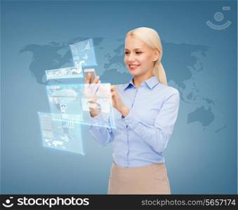 business, future and technology concept - young businesswoman working with smartphone and virtual screen