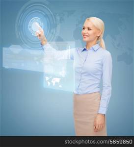 business, future and technology concept - young businesswoman working with virtual screen