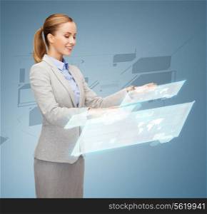business, future and technology concept - young businesswoman working with virtual screens