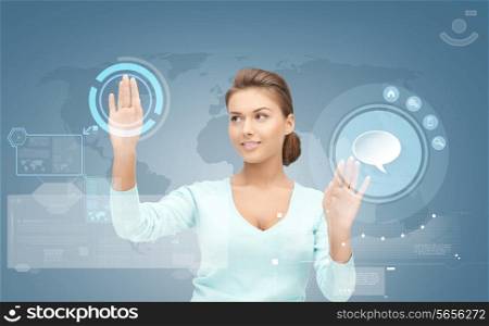 business, future, education and technology concept - smiling young businesswoman or student working with virtual screen