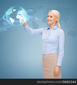 business, future, education and technology concept - smiling young businesswoman or student working with virtual screen