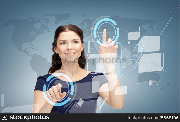 business, future, education and technology concept - smiling young businesswoman or student working with virtual screen