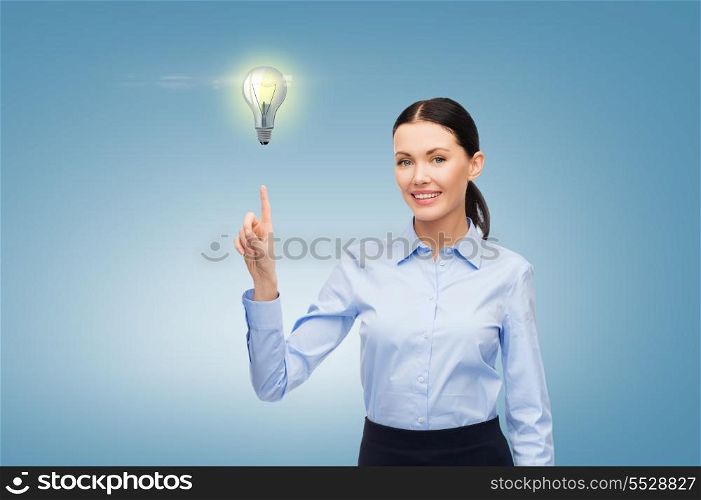 business, future technology and communication concept - businesswoman working with imaginary virtual screen