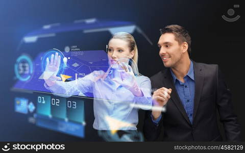 business, future technology and cyberspace concept - businesswoman and businessman with gps navigator map on virtual screen over dark background. businesspeople with navigator on virtual screen. businesspeople with navigator on virtual screen