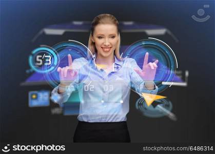 business, future technology and cyberspace concept - businesswoman with gps navigator map on virtual screen over dark background. businesswoman with navigator on virtual screen. businesswoman with navigator on virtual screen