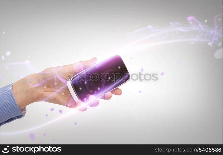 business, future technology and internet - hand with smartphone