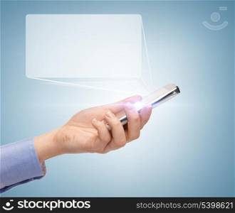 business, future technology and internet - man hand with smartphone and virtual screen