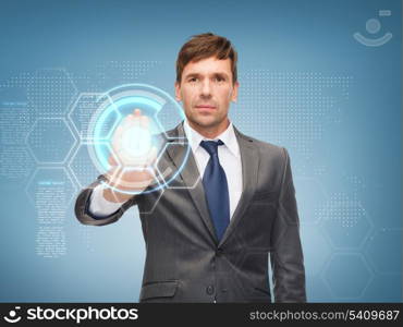 business, future technology and office concept - attractive buisnessman working with virtual screen