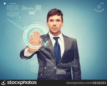 business, future technology and office concept - attractive buisnessman working with virtual screen