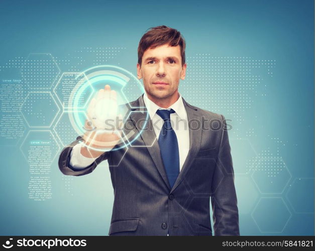 business, future technology and office concept - attractive buisnessman working with virtual screen