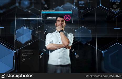 business, future technology and people concept - businessman looking at projection on virtual screen at night office. businessman at virtual screen at night office
