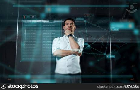 business, future technology and people concept - businessman looking at projection on virtual screen at night office. businessman at virtual screen at night office