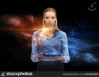 business, future technology and people concept - businesswoman with tablet pc computer and planet hologram over space background. businesswoman with tablet pc and space hologram