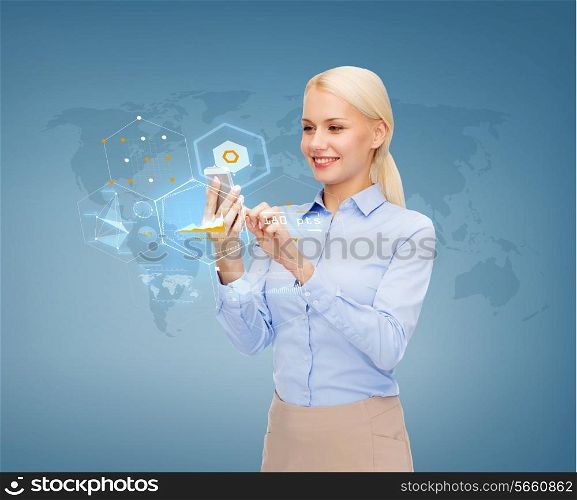 business, future, technology and people concept - smiling young businesswoman working with smartphone and projection