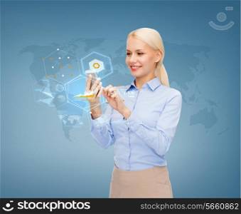 business, future, technology and people concept - smiling young businesswoman working with smartphone and projection