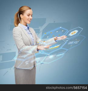 business, future, technology and people concept - smiling young businesswoman working with virtual screen