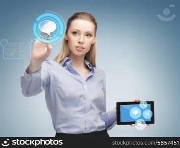 business, future technology and people concept - young businesswoman working with tablet pc and interface icon projections