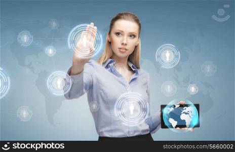 business, future technology, connection and people concept - woman working with tablet pc young businesswoman working with tablet pc and icon projections