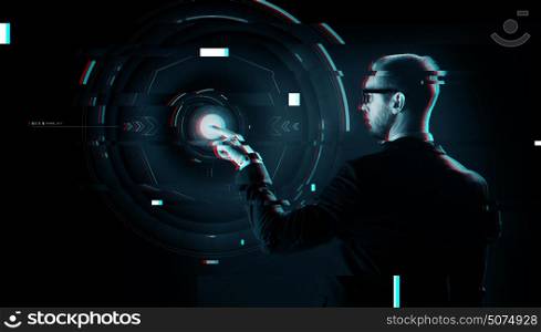 business, future technology, cyberspace and people - businessman in suit and glasses pointing finger to virtual projection over virtual glitch effect. businessman pointing finger to virtual projection