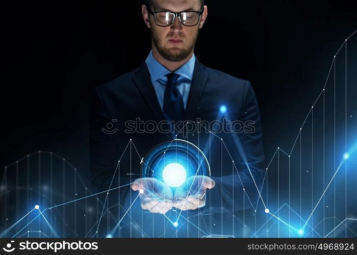 business, future technology, cyberspace and people - businessman with virtual diagram chart projection over black background. businessman with virtual diagram chart projection