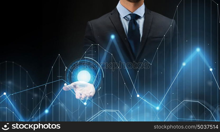 business, future technology, cyberspace and people - businessman with virtual diagram chart projection over black background. businessman with virtual diagram chart projection