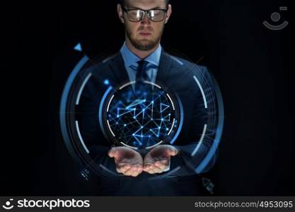 business, future technology, cyberspace and people - businessman with virtual projection over black background. businessman with virtual projection over black