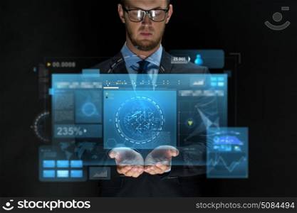 business, future technology, cyberspace and people - businessman with virtual screens projection over black background. businessman with virtual screens over black. businessman with virtual screens over black