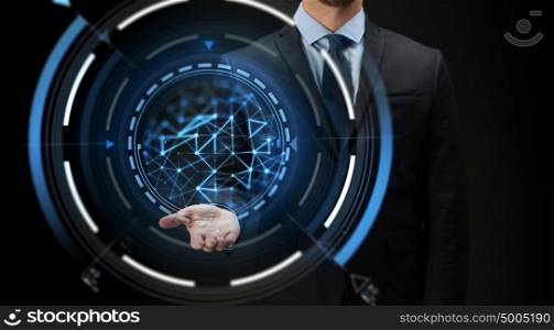 business, future technology, cyberspace and people - close up of businessman with virtual projection over black background. businessman with virtual projection over black