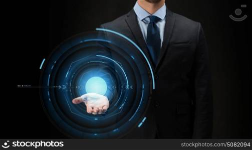 business, future technology, cyberspace and people - close up of businessman with virtual projection over black background. businessman with virtual projection over black